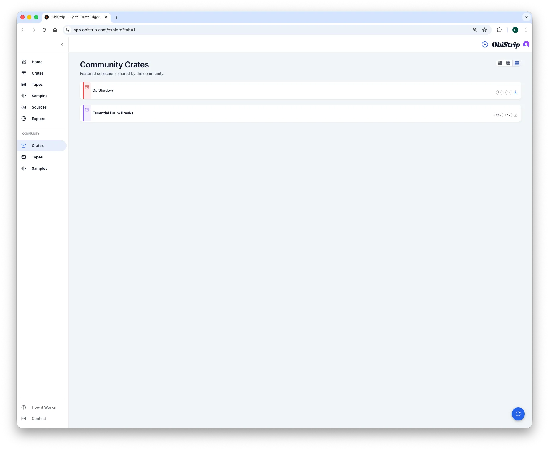 ObiStrip community crates view showing published digging sources from other users.