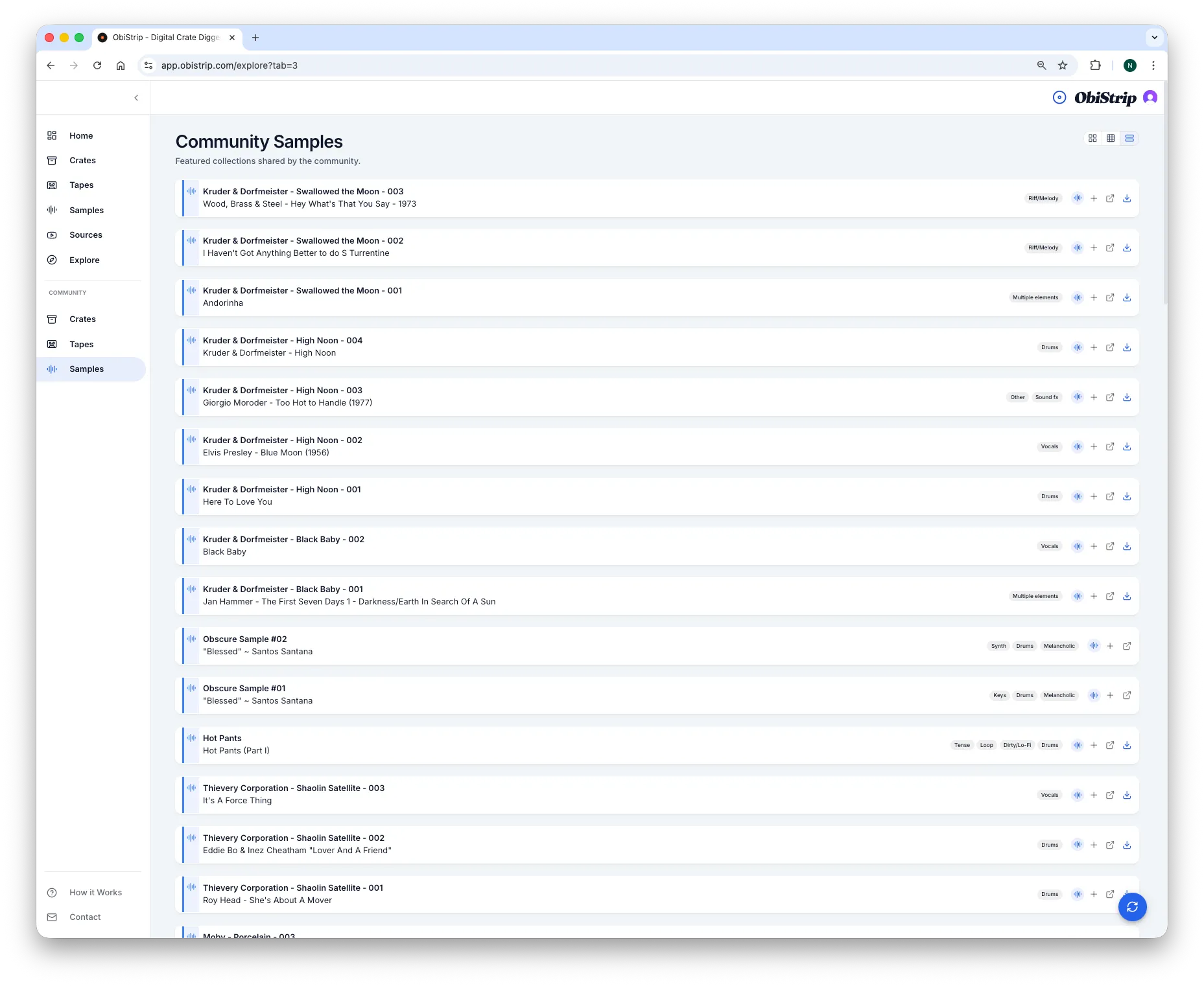 ObiStrip community samples view showing published sample timemarks from other users.