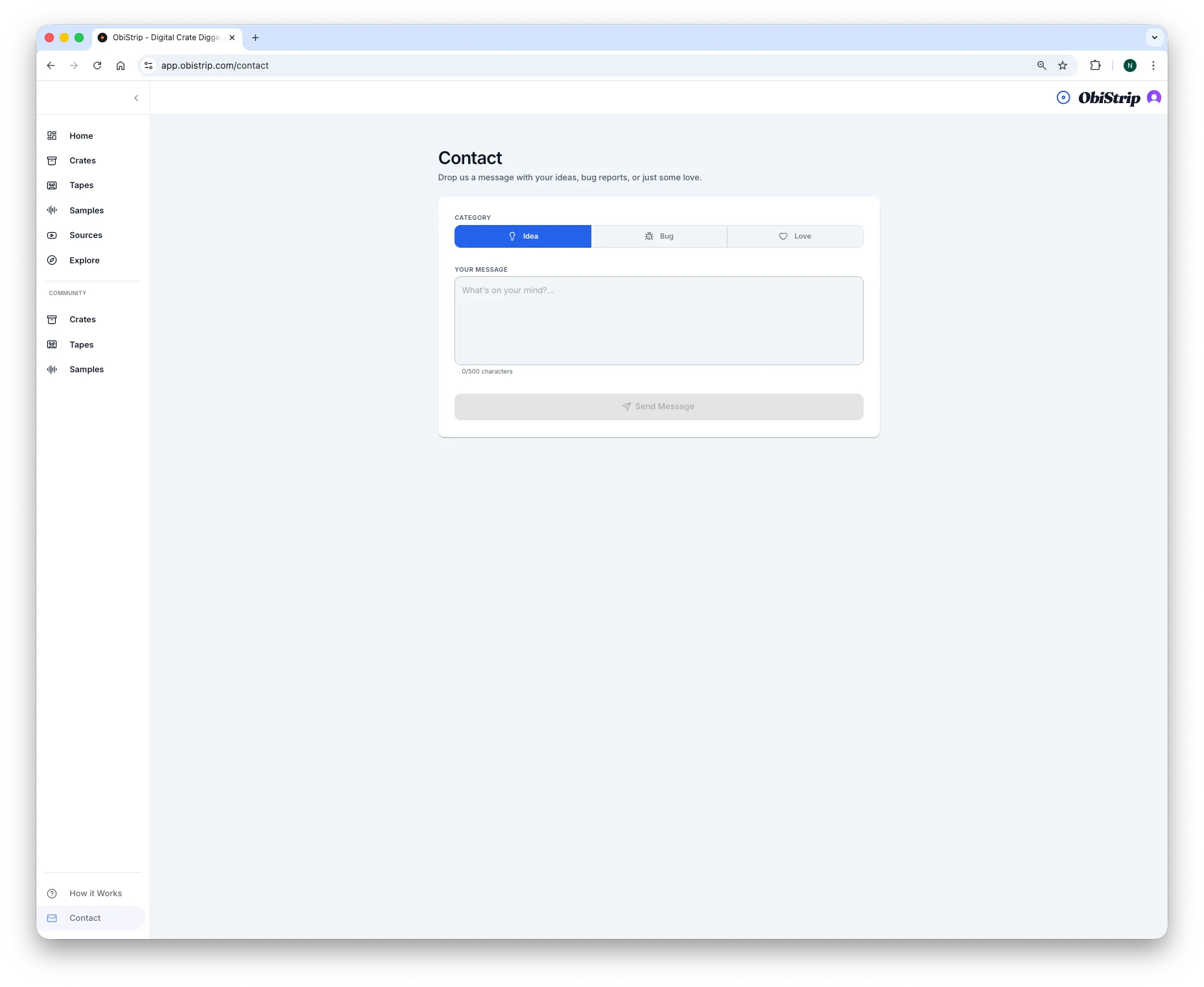 ObiStrip feedback view for sharing bugs, ideas, and workflow suggestions.