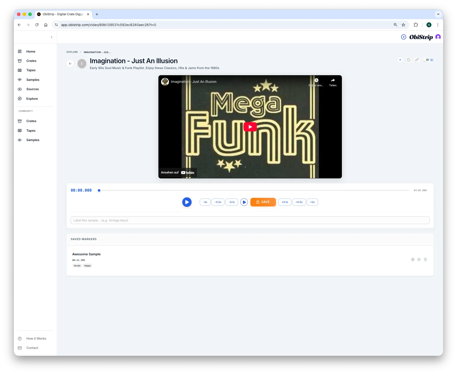 ObiStrip video view with playback controls and exact sample timemark creation.